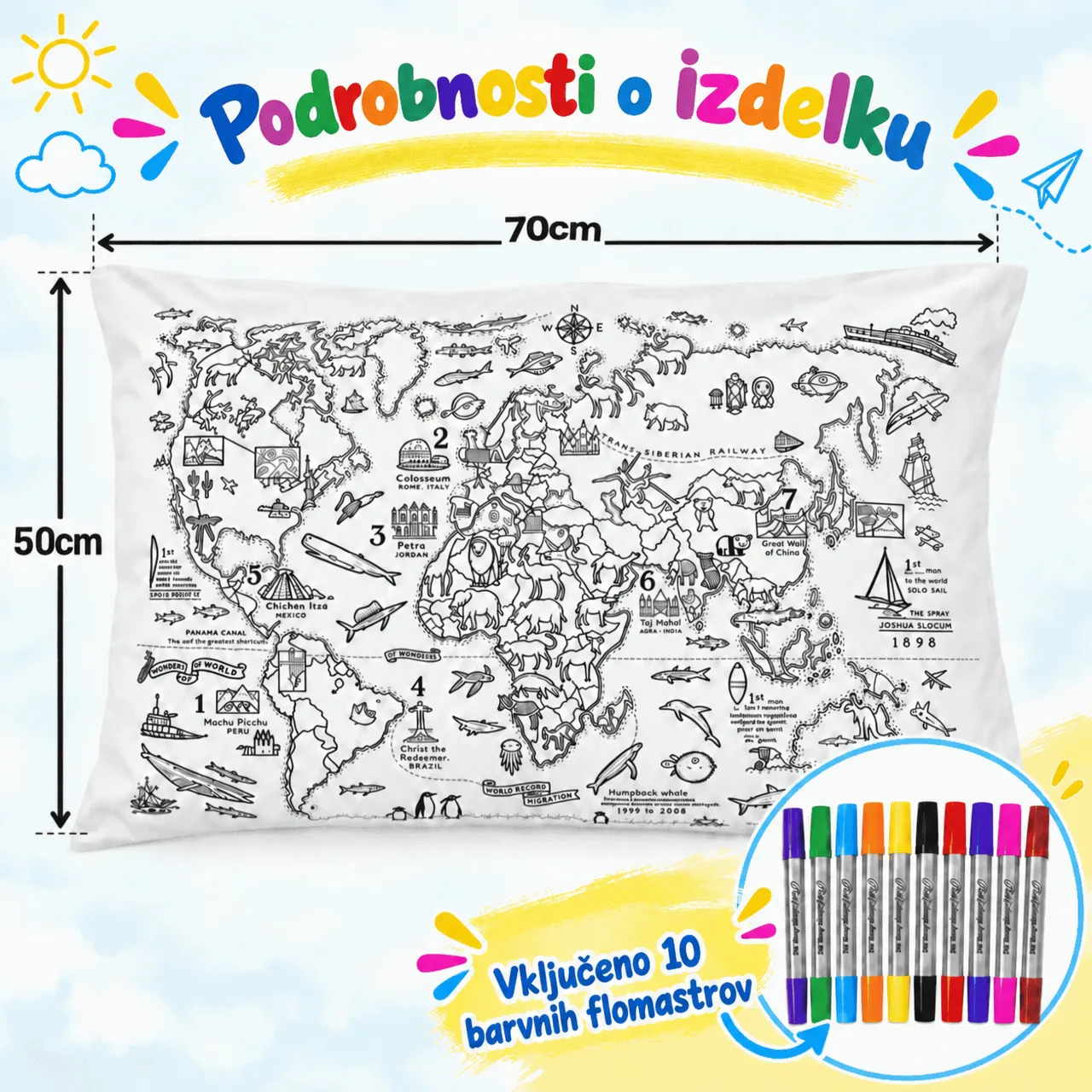 Оцвети своята възглавница – Карта на света, ColoringPillow - Image 3