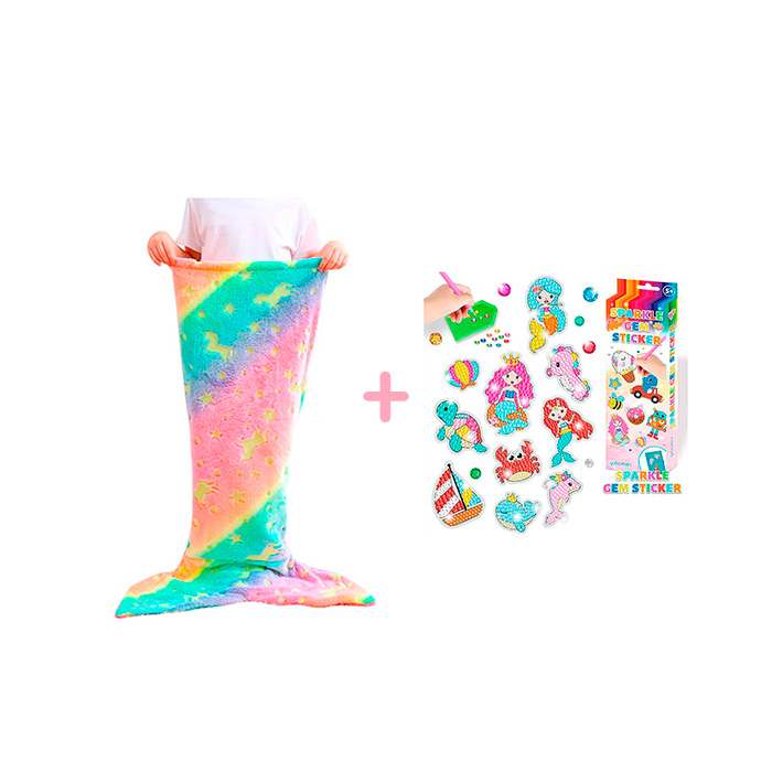 Комплектът SparkleMermaid включва 2 играчки - момичешко одеяло с опашка на русалка и комплект за създаване на диаманти и стикери!